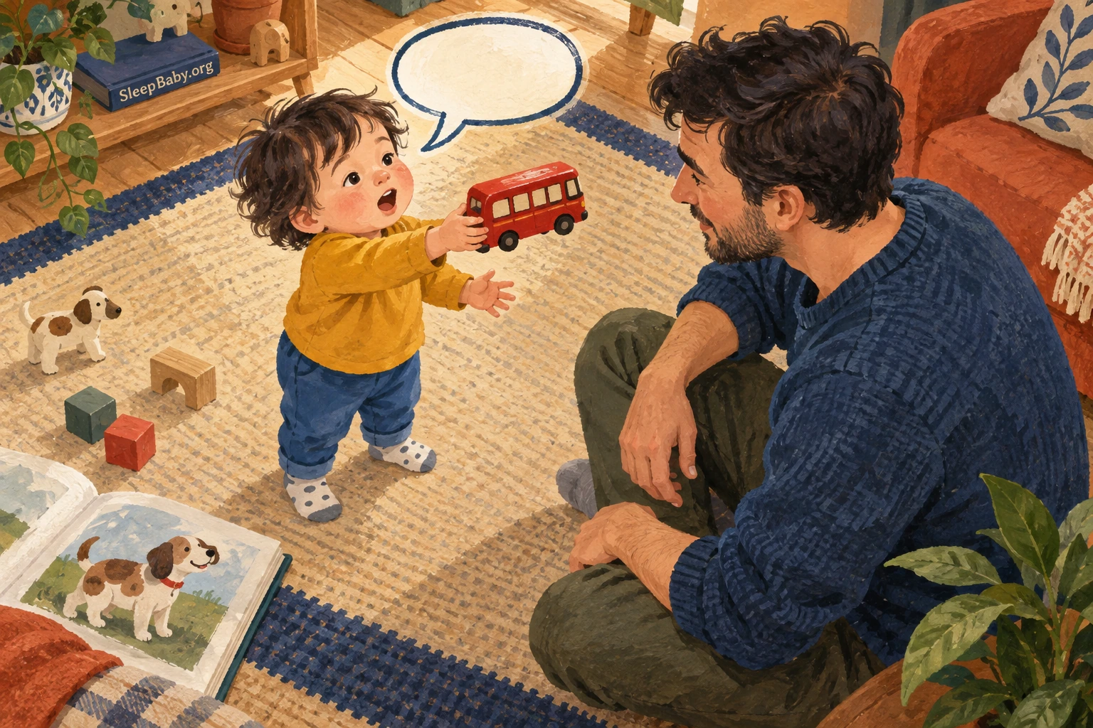 A toddler offers a toy bus to an attentive parent during play.