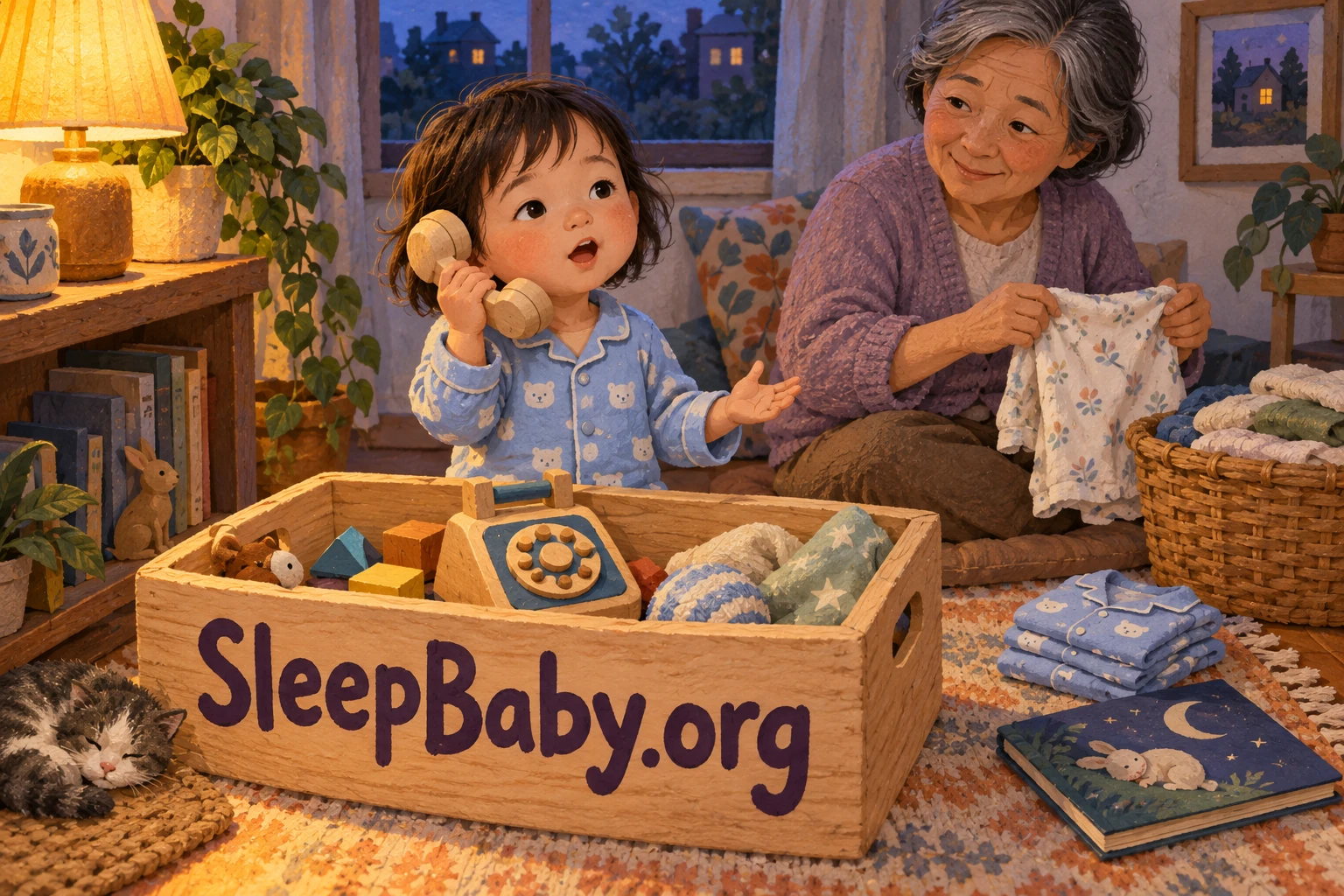 A pajama-clad toddler talks into a toy telephone while a caregiver folds clothes nearby.