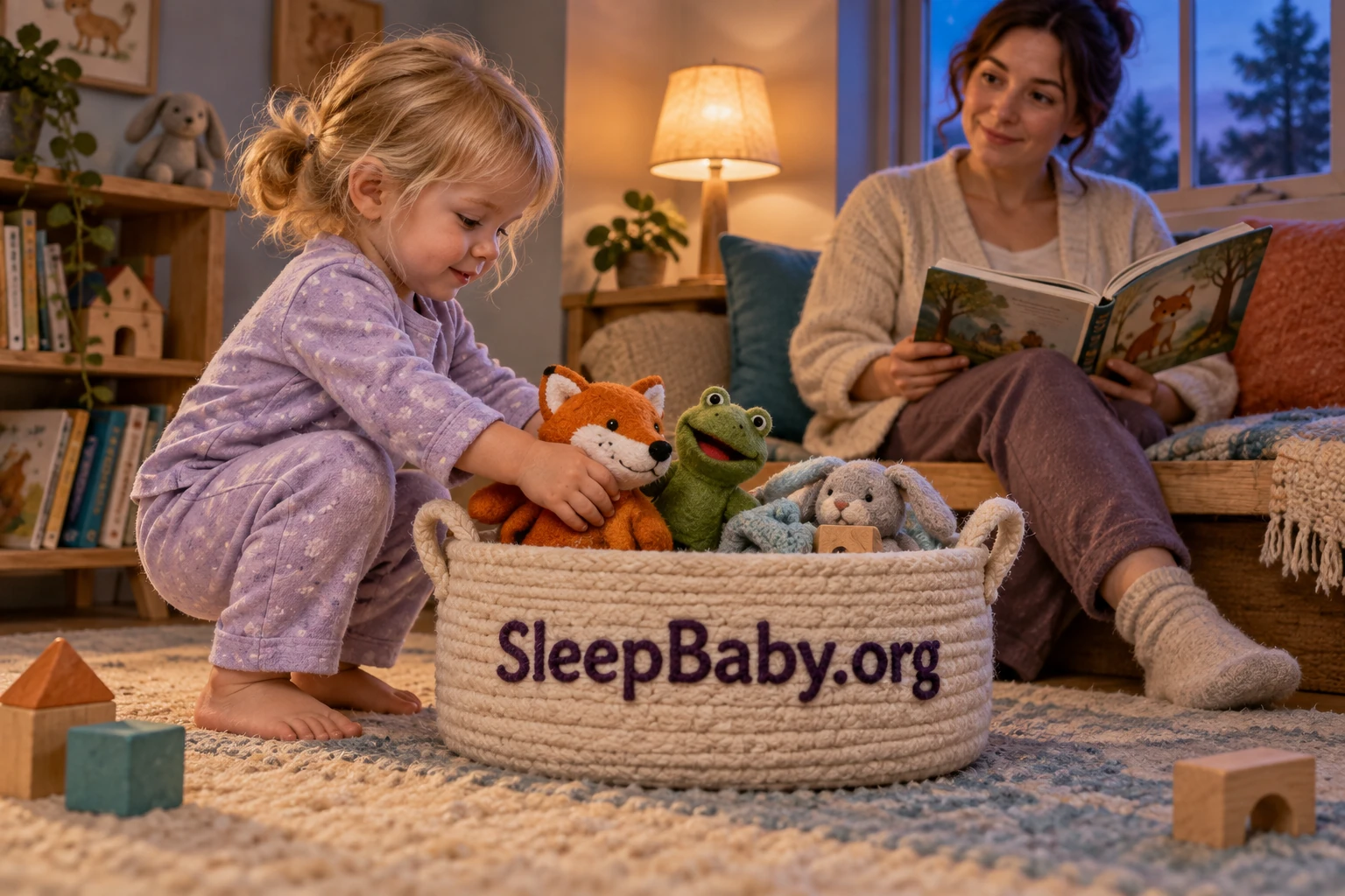 A toddler places pretend-play toys in a basket before sitting with a caregiver and a bedtime book.