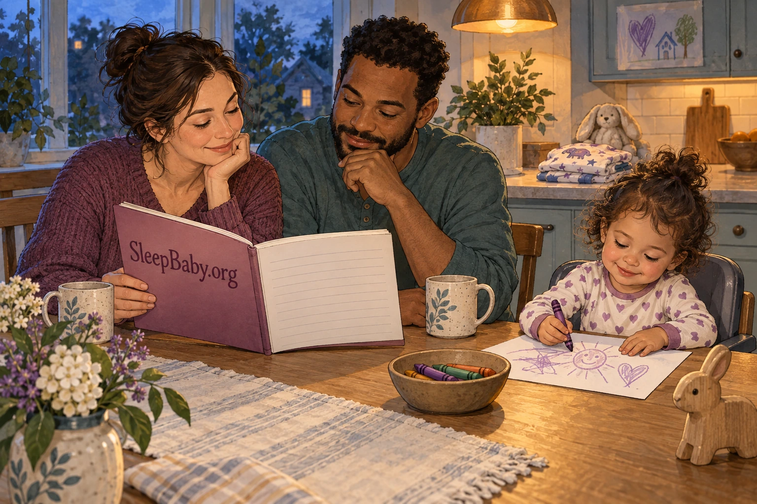 Two caregivers review a short notebook entry while their awake toddler draws beside them in the early evening.