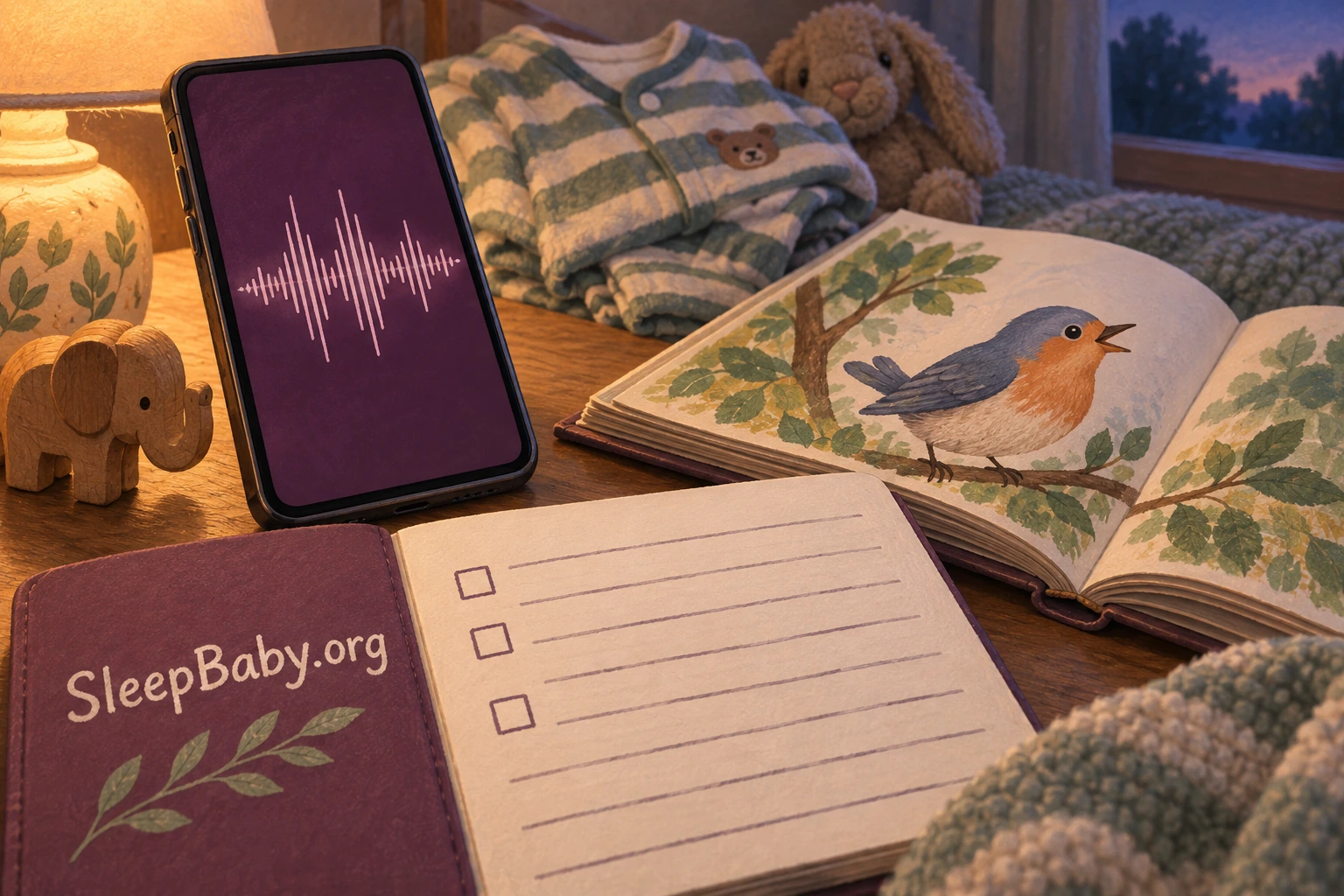 An illustrated notebook, a phone with a sound waveform, and a bird picture book beside folded pajamas.