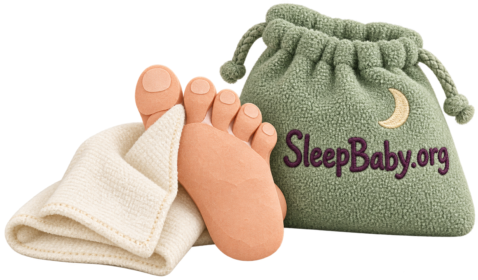 A folded drying cloth curves beside a small toe-shaped cut-paper form and a terry washcloth pouch.