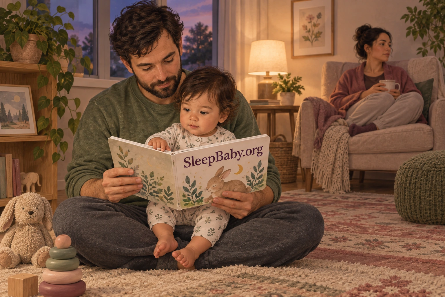 Another caregiver reads to a living child while the recovering parent has quiet space nearby.