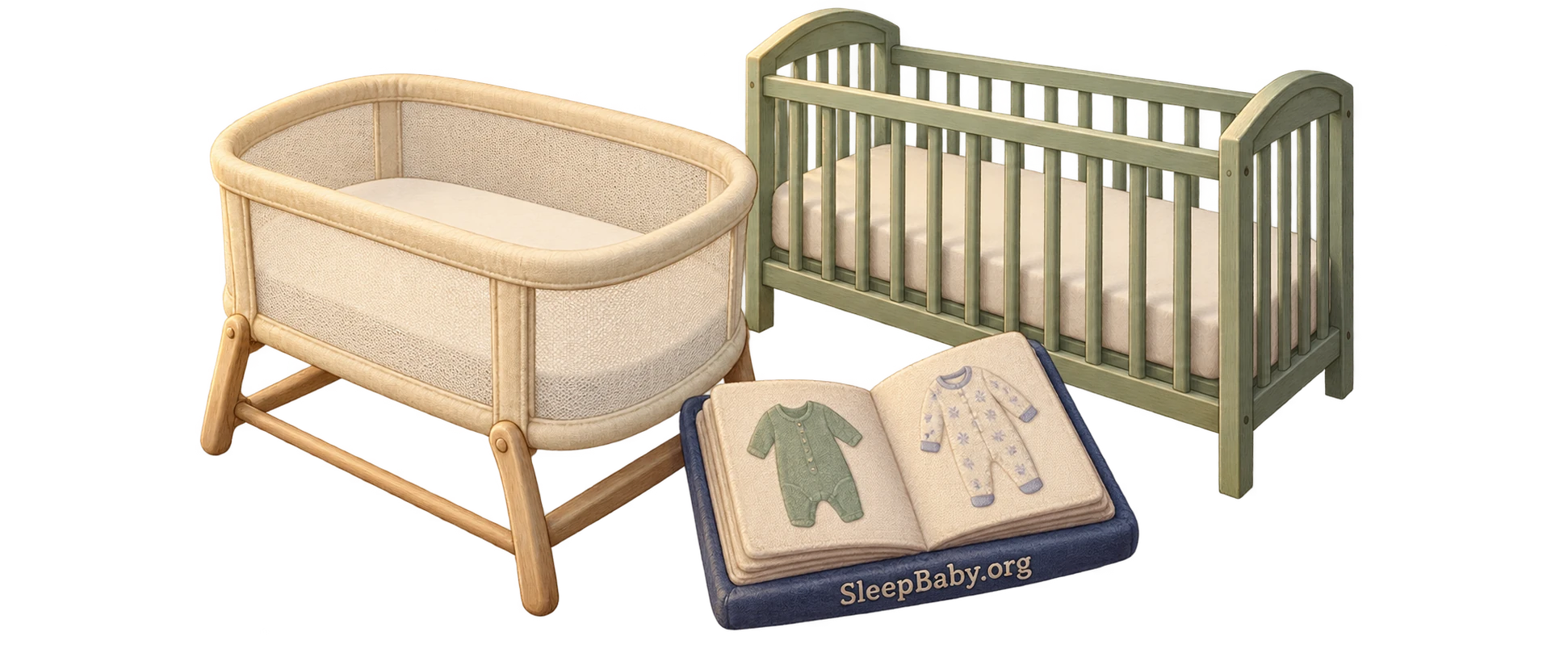 A miniature enclosed bassinet, separate bare sage crib and open bedtime book form a transparent illustrated arrangement.