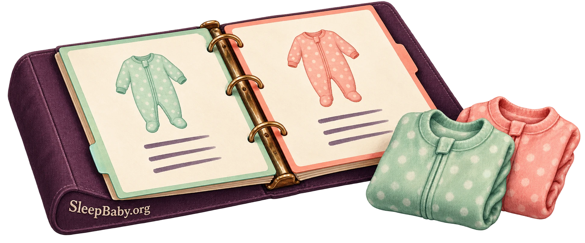 An open plum binder has mint and coral care pages with pajama sketches, beside two matching folded sleepers.