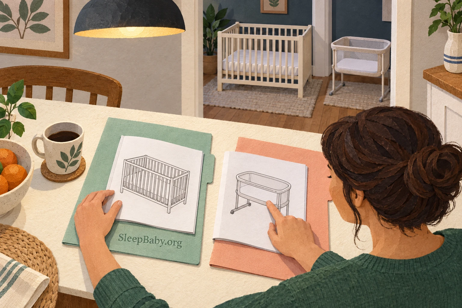 A caregiver compares illustrated crib and bassinet manuals on mint and peach folders, with separate empty sleep spaces beyond a doorway.