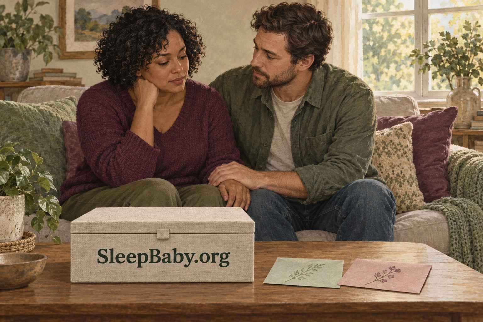 Two adults sit together quietly beside a closed keepsake box, with no pressure to open it.