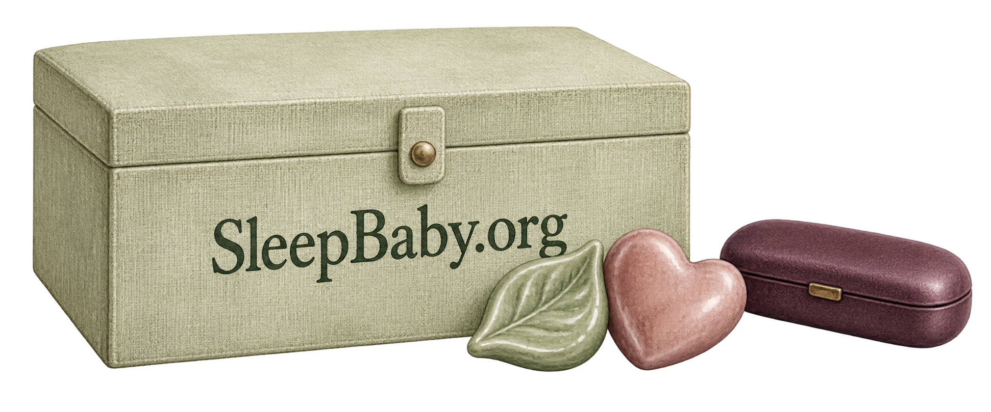 A closed keepsake box beside two different small ceramic remembrance pieces and a resting eyeglass case.