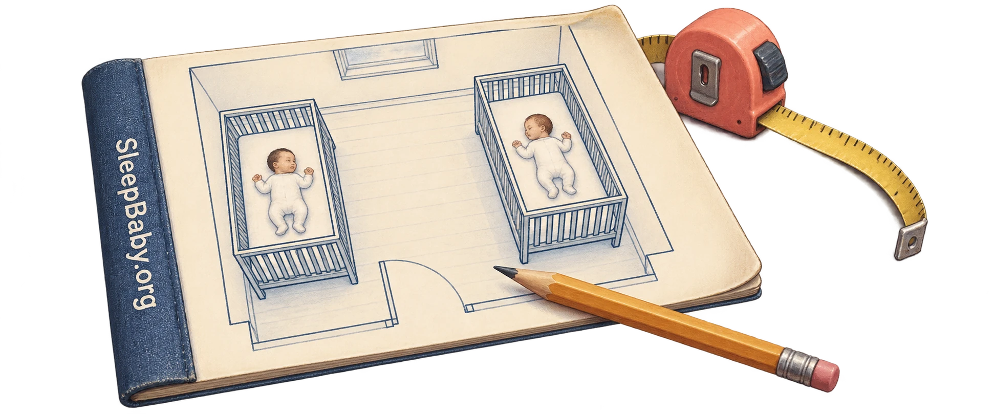 A room-plan folio shows twins on their backs in separate cribs, beside a curved measuring tape and pencil.