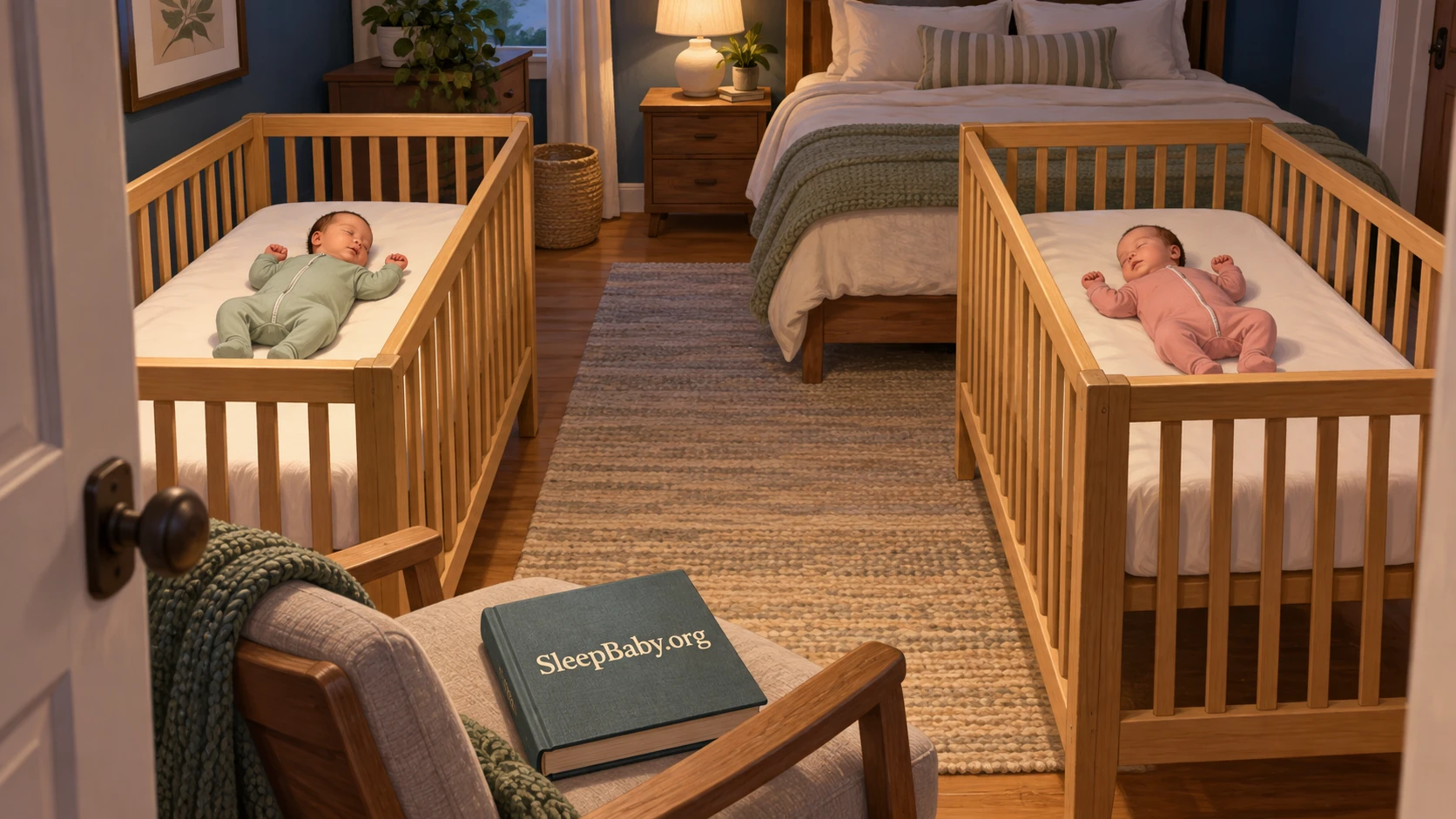 Two infants lie on their backs in separate bare wooden cribs with a clear aisle in an adult bedroom.