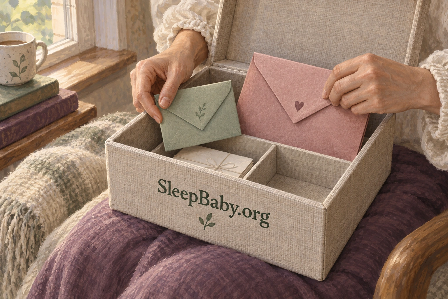 Two different envelopes sit in an open keepsake box while an adult chooses what to save.