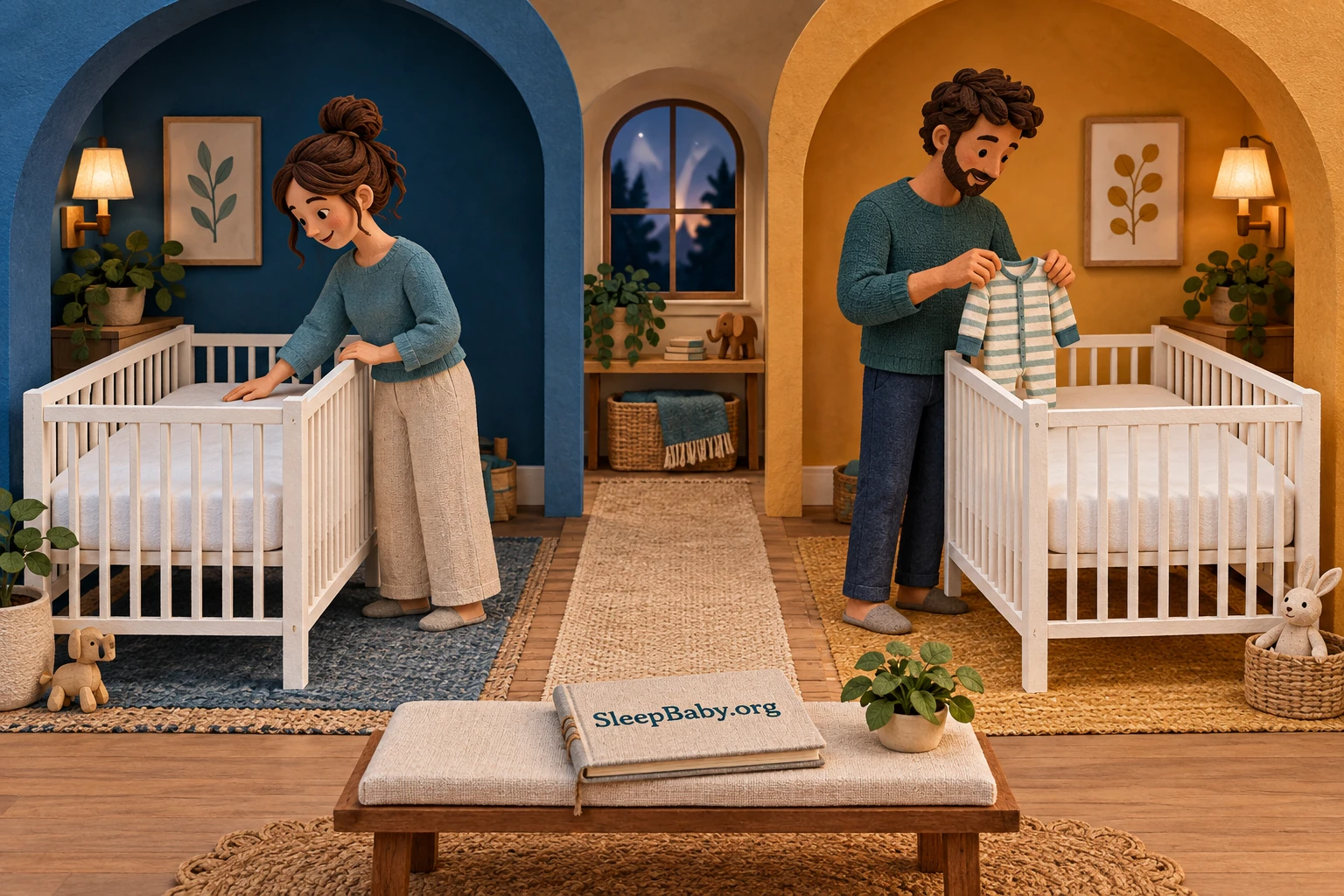 In a paper-theater bedroom, two caregivers prepare separate empty cribs beneath blue and golden arches, with a bedtime guide on a bench.
