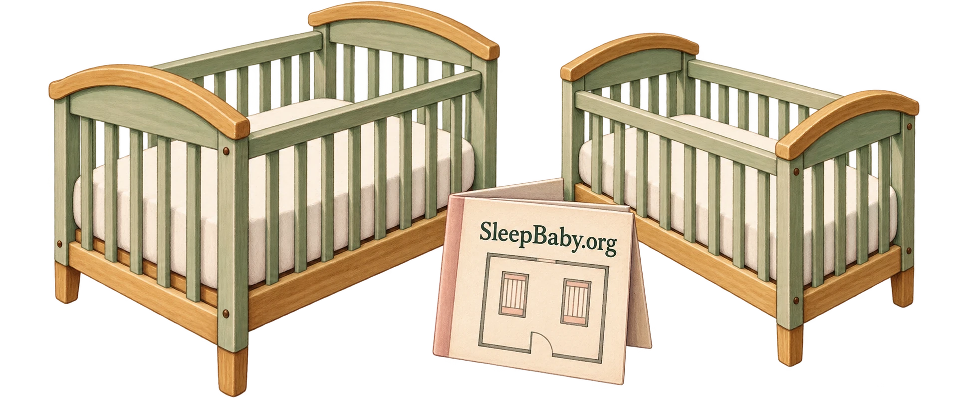 Two miniature sage cribs with bare mattresses stand beside a folded two-crib room plan on a transparent background.