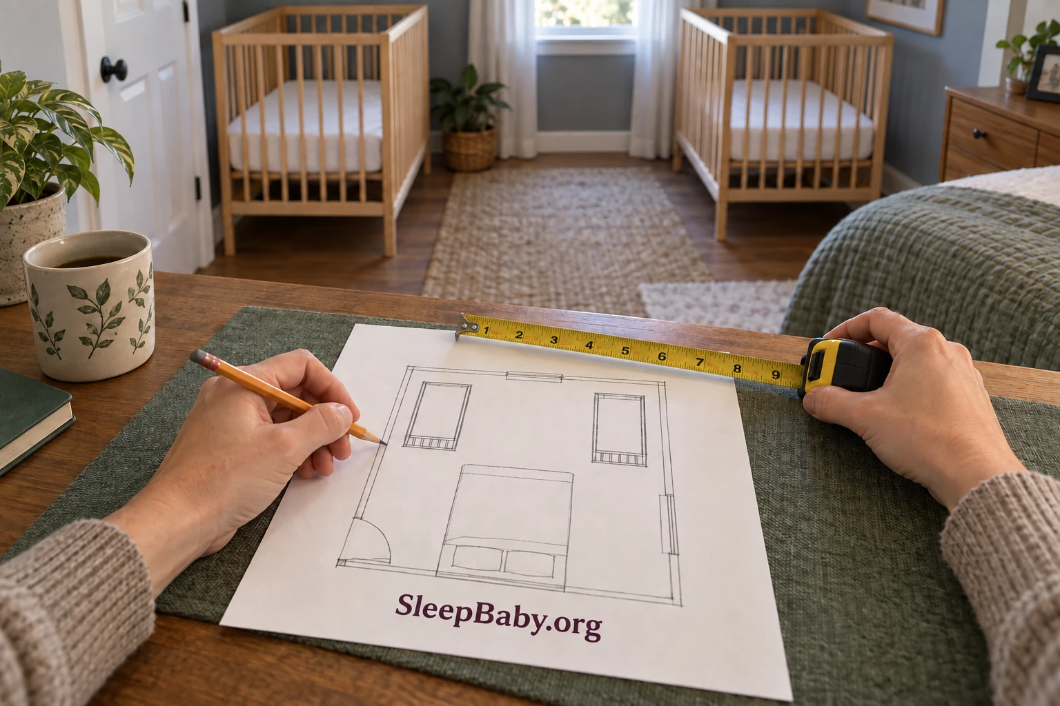 Adult hands sketch two separate cribs and an adult bed on paper beside a measuring tape, with two empty cribs behind.