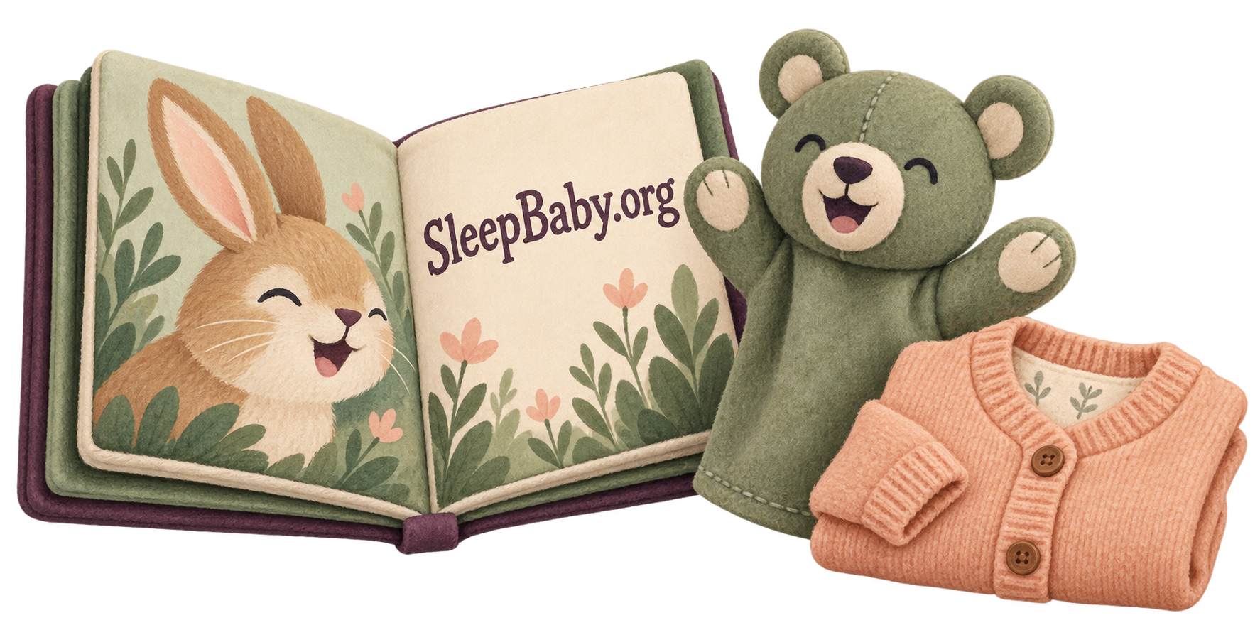 An open animal storybook beside a felt puppet and a folded bedtime cardigan.