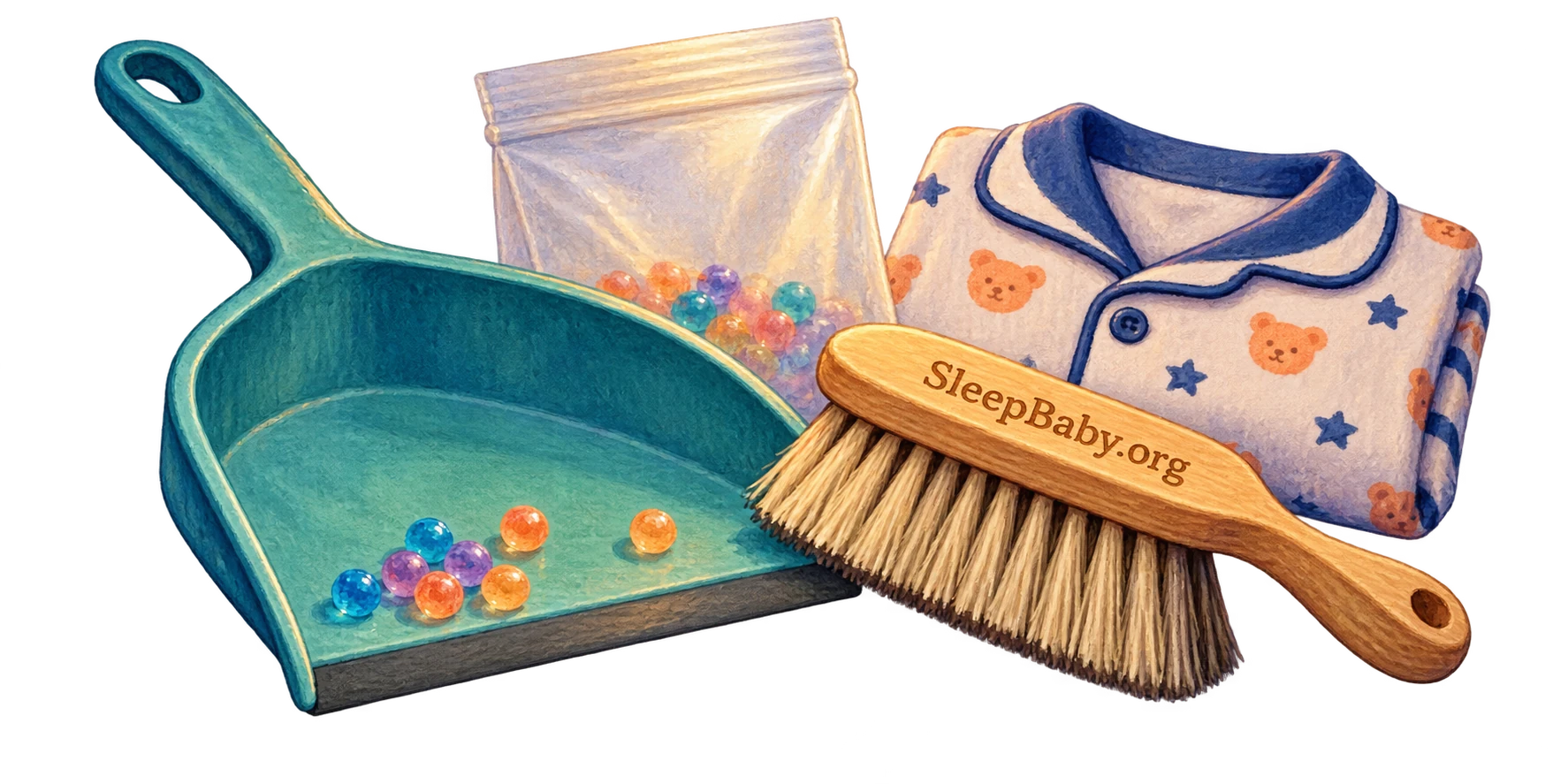 A dustpan with collected beads, closed disposal pouch, wooden brush, and folded pajamas on a transparent background.