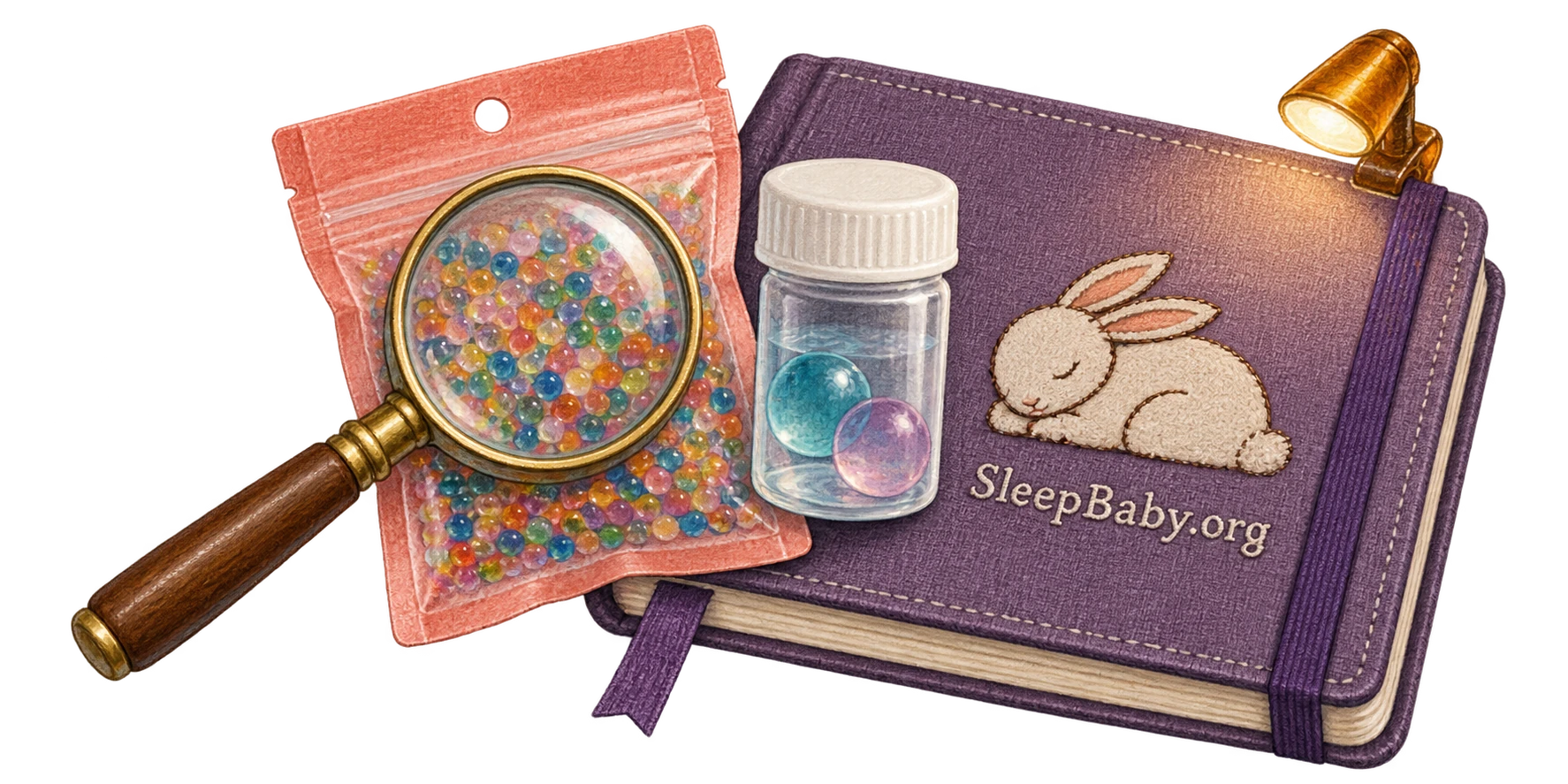 A magnifier, closed dry-bead packet, capped vial of expanded beads, and evening care notebook form a transparent illustrated cluster.