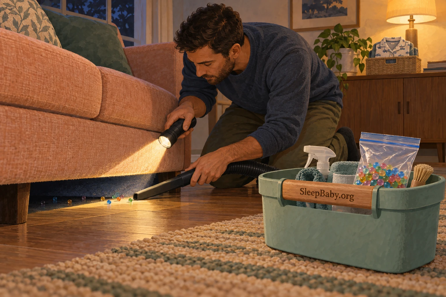 An adult uses a flashlight and vacuum crevice tool beneath a sofa while collected beads remain in a closed bag.