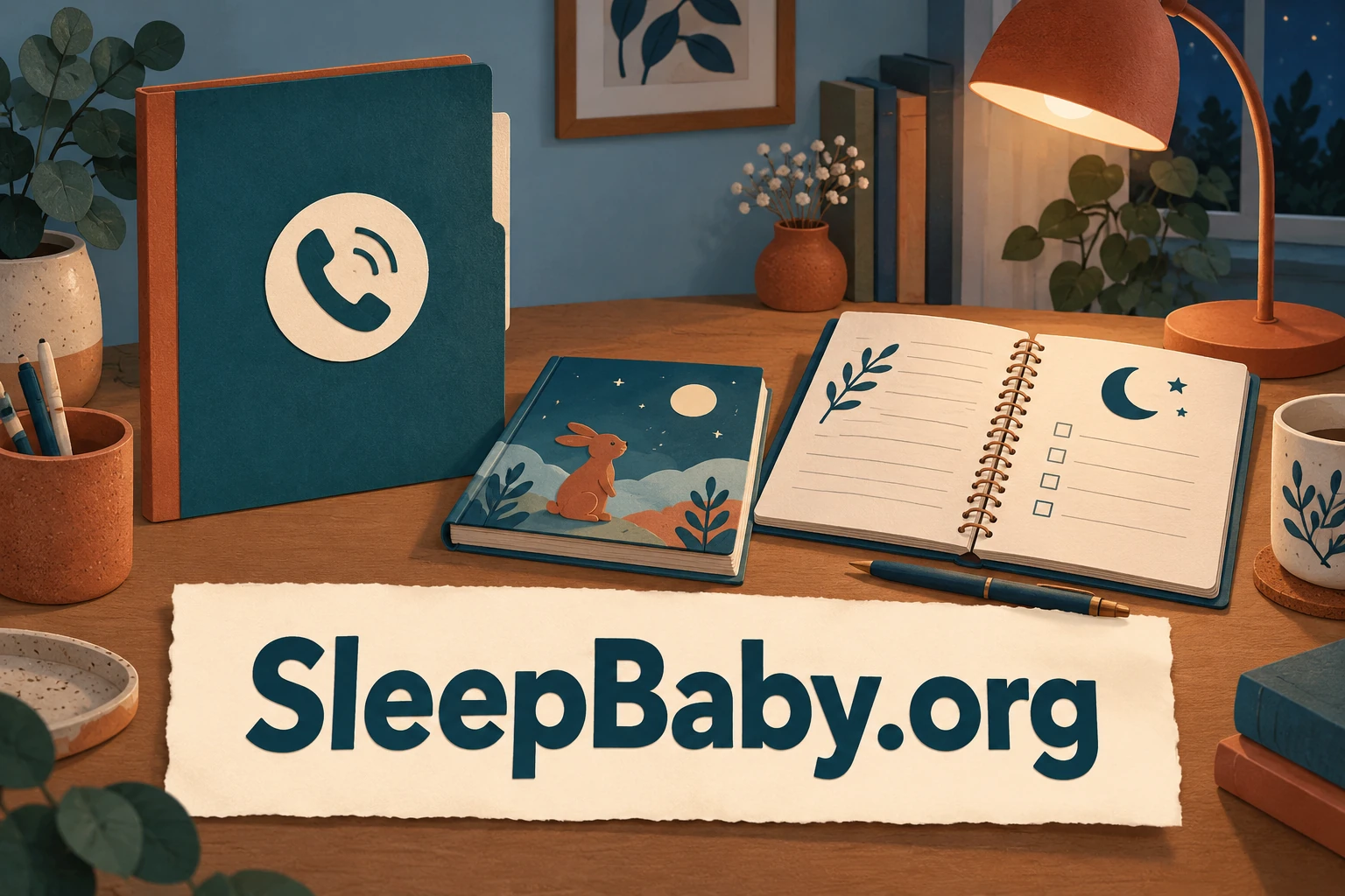 A telephone-marked care folder is separate from a moon-marked notebook and picture book.