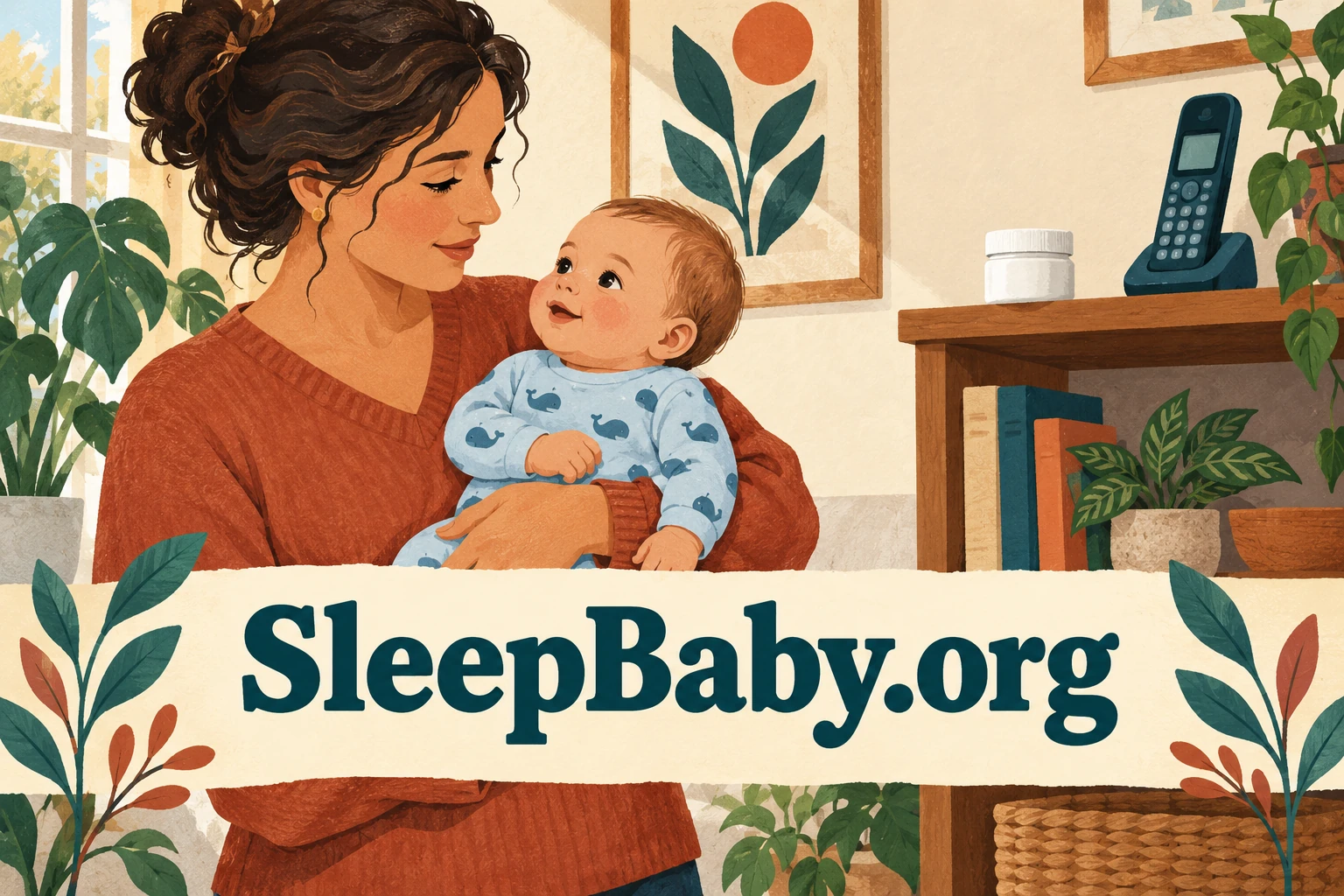 A caregiver holds an awake baby with a closed ointment jar and telephone on a separate shelf.