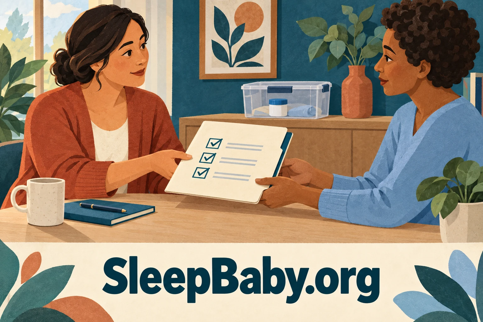 Two adults share a written care-plan folder at a table; a closed supply box is behind them.