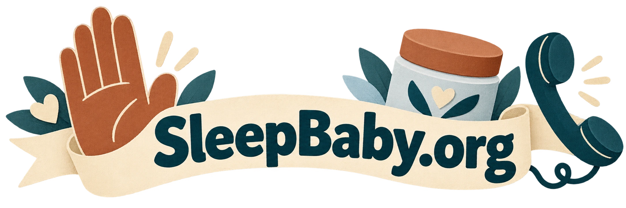 A raised hand, closed ointment jar and telephone surround a SleepBaby.org ribbon.