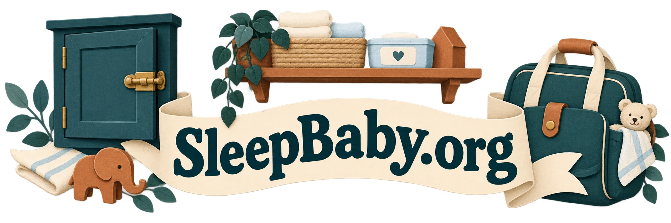 A closed cabinet, supply shelf and diaper bag appear behind a SleepBaby.org ribbon.