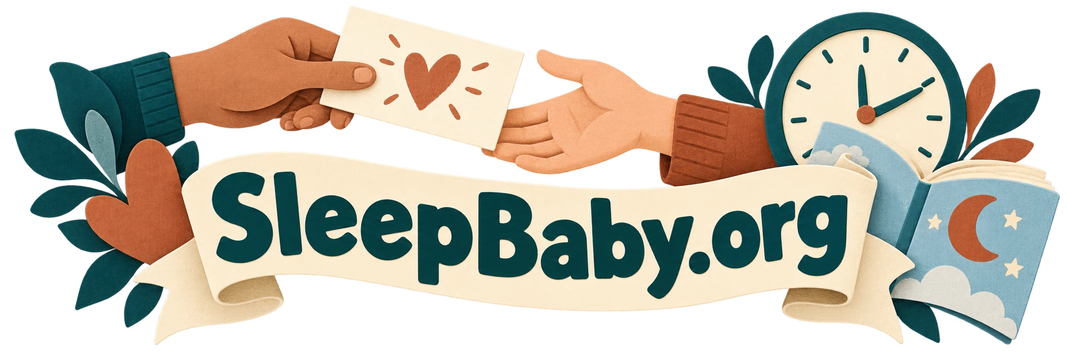 Two hands pass a note beside a clock and picture book above a SleepBaby.org ribbon.