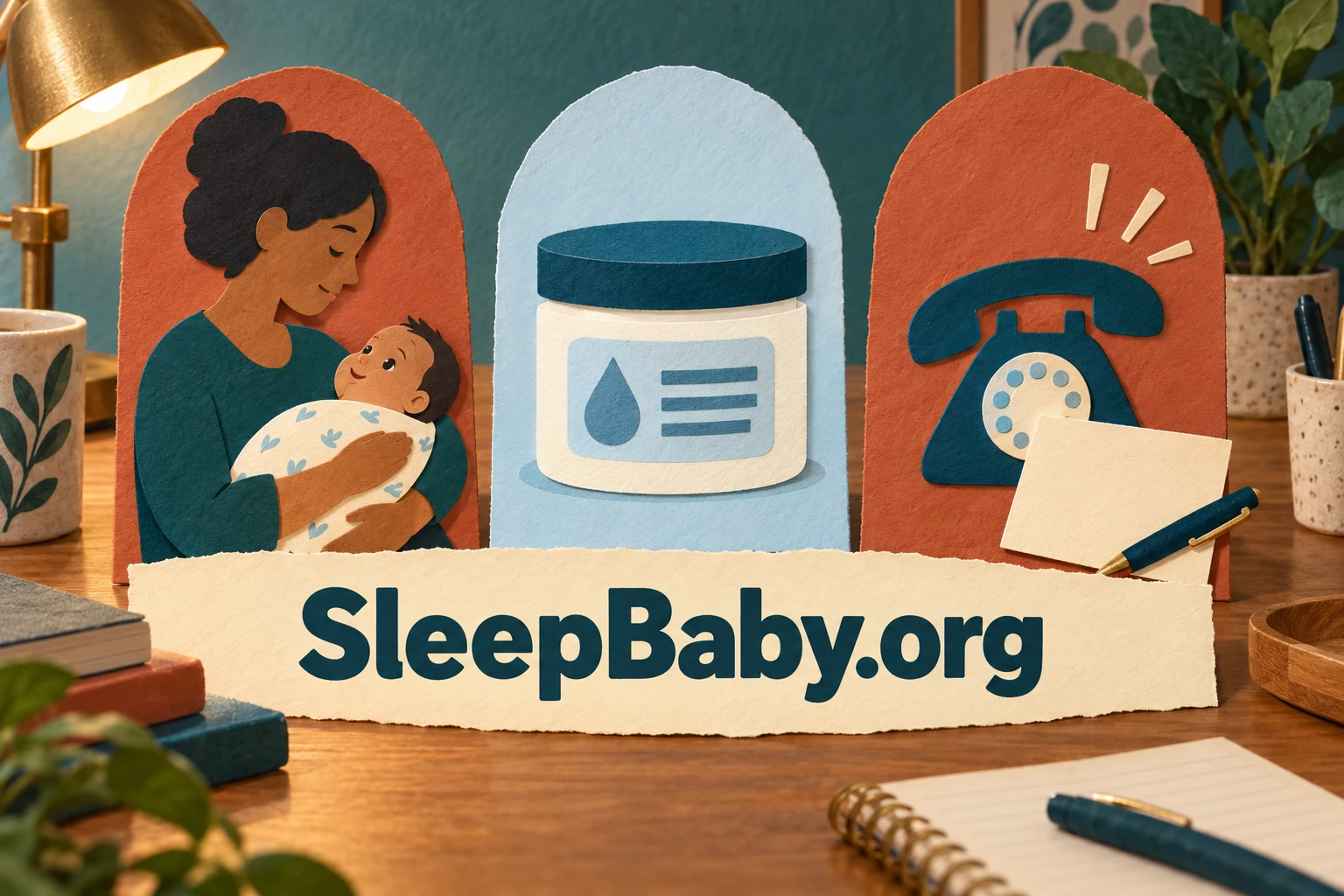 Three illustrated paper panels show a caregiver holding an awake baby, a closed ointment jar, and a telephone.