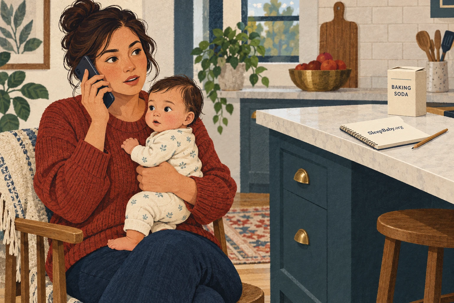 A parent calls for advice while holding an awake baby away from a closed baking soda carton.