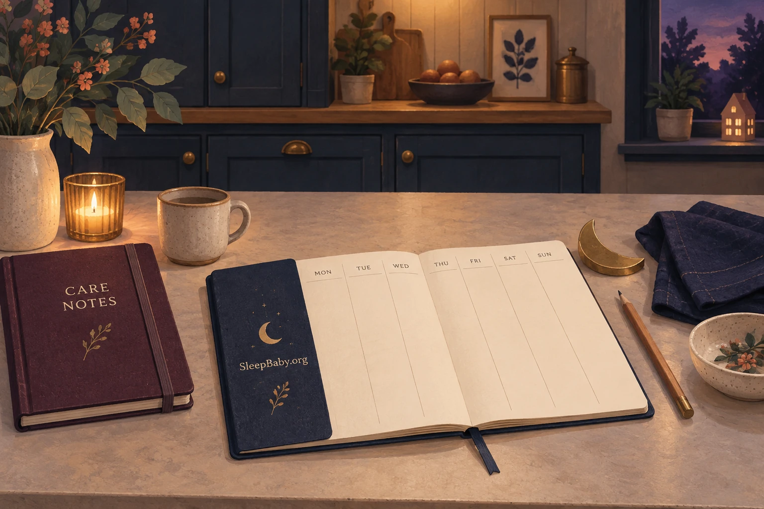 A separate care notebook and blank weekly night-planning notebook on an evening kitchen table.