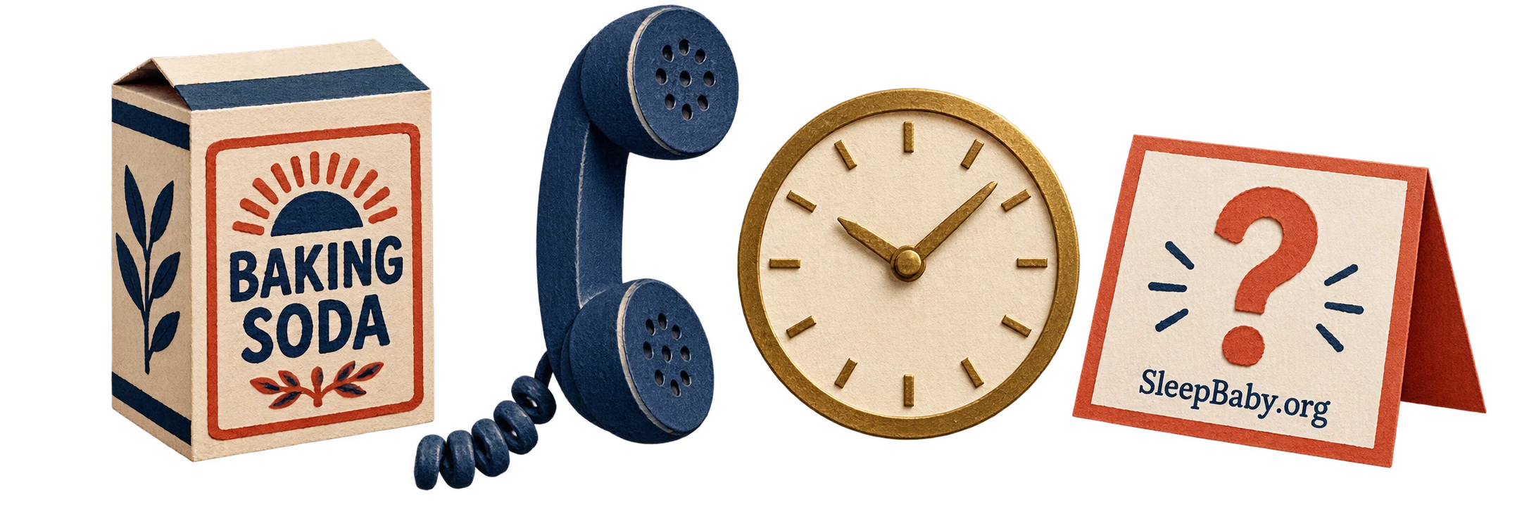 Baking soda carton, telephone, clock and question card.