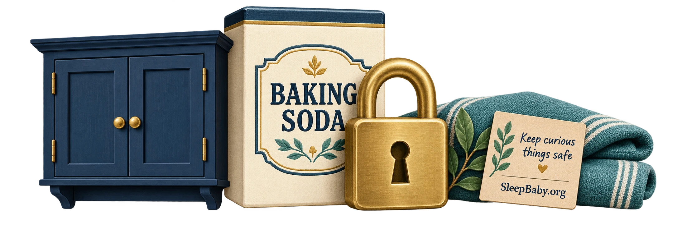 Closed cupboard, baking soda carton and lock with a folded kitchen cloth.