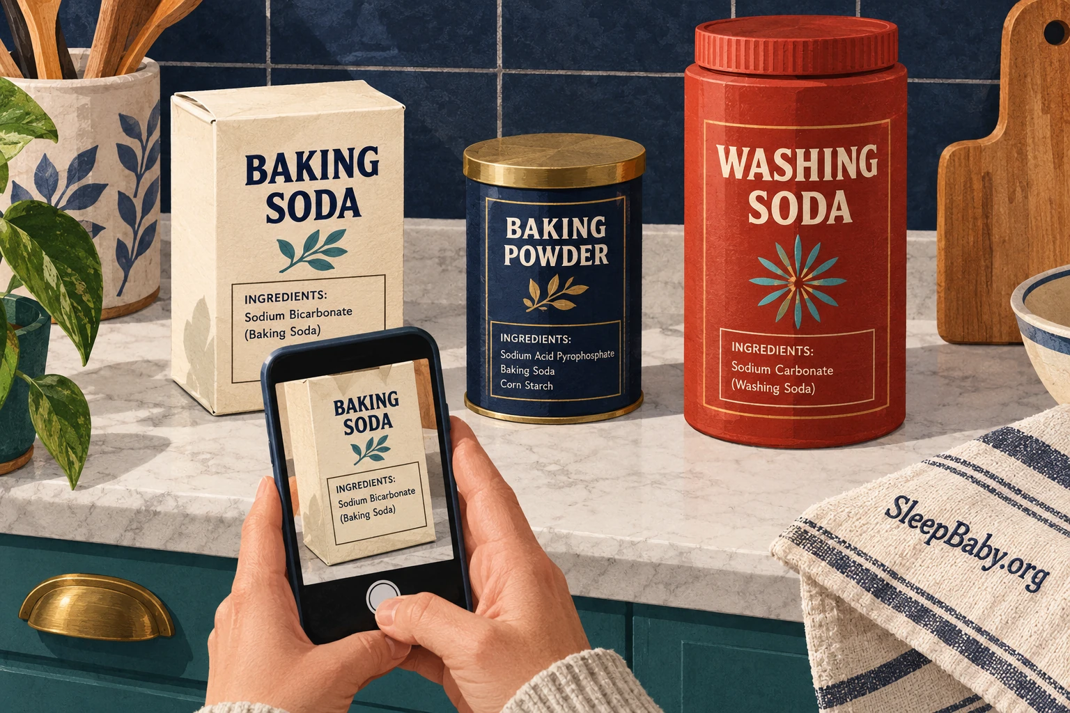 Illustrated baking soda, baking powder and washing soda packages with distinct labels.