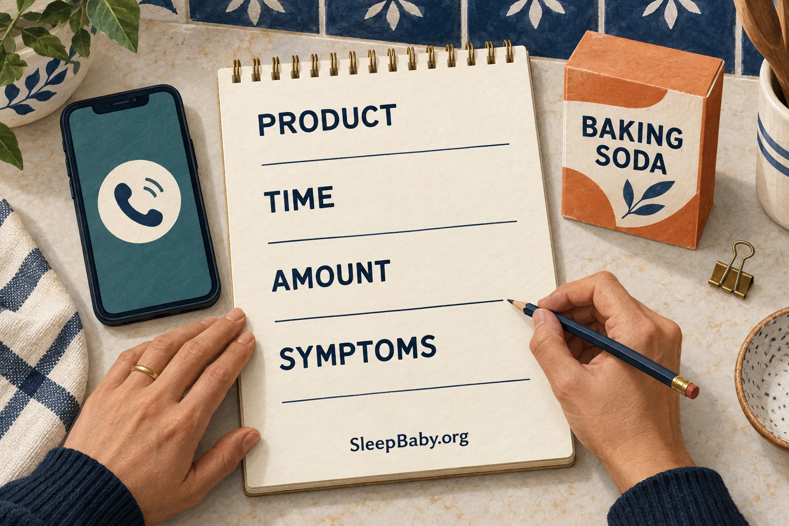 An adult records the product, time, amount and symptoms beside a phone and closed baking soda carton.