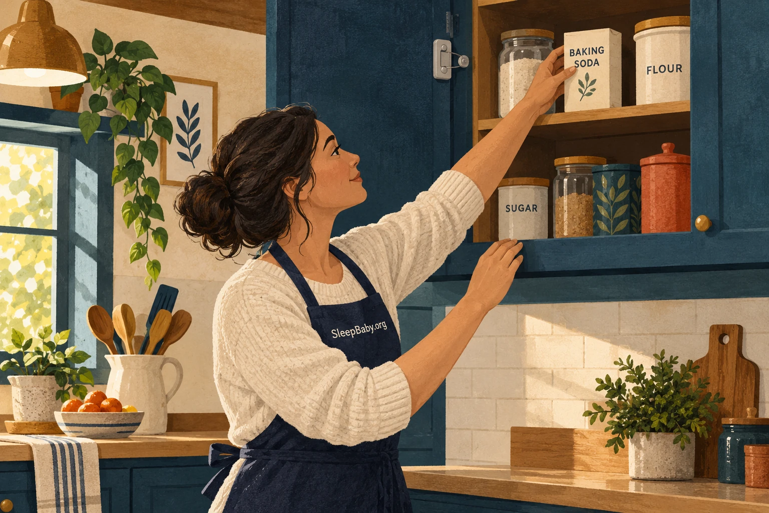 An adult puts a closed original baking soda carton in a high kitchen cupboard.