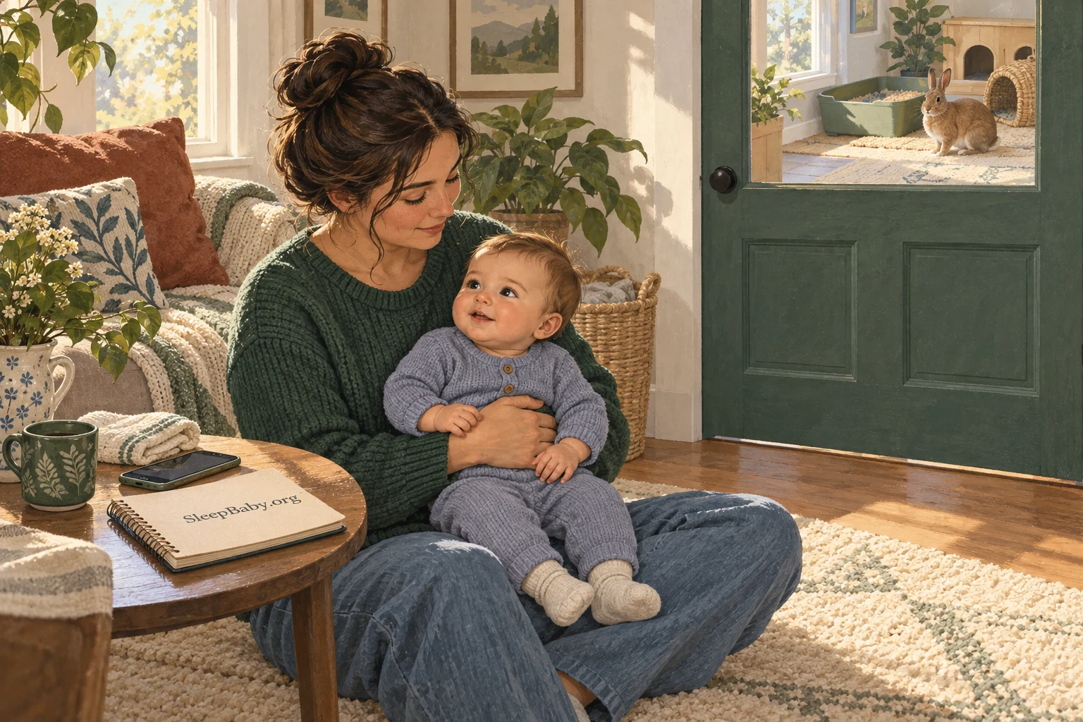 A parent holds a baby on a clean rug beside a closed door separating the rabbit room.