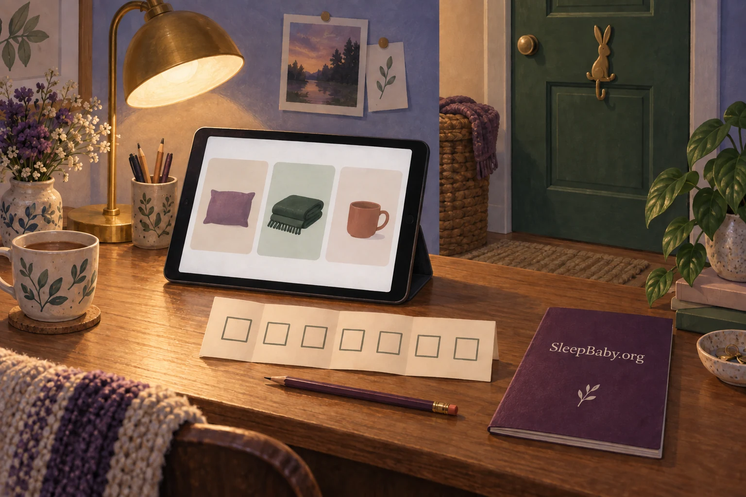 A tablet, seven-square tracker and SleepBaby.org notebook on an evening desk.