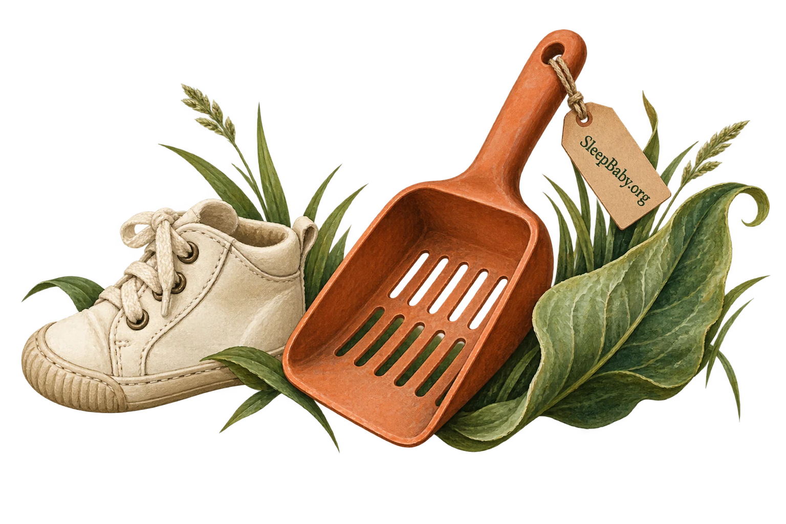 A shoe, rabbit litter scoop and meadow leaves form a transparent illustrated divider.