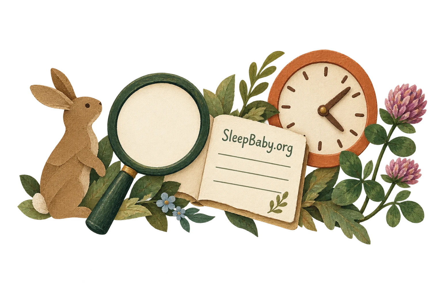 Paper rabbit, magnifying glass, note and clock form a transparent illustrated divider.