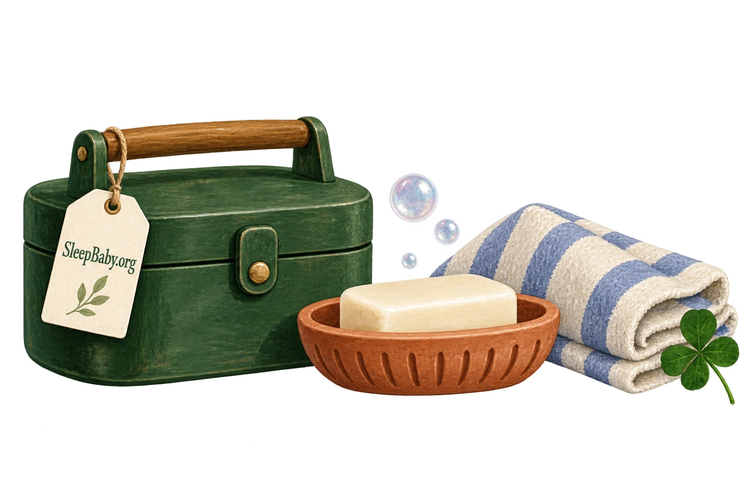 A closed caddy, soap and folded towel form a transparent illustrated divider.