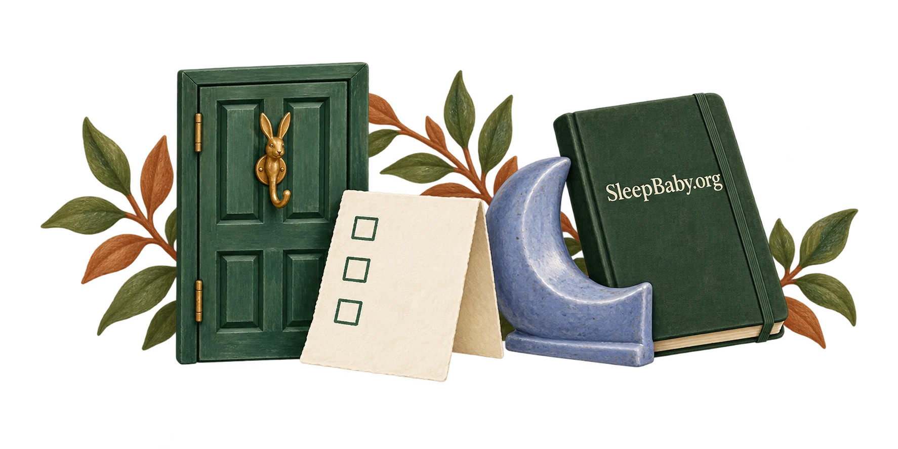 A miniature closed door, checklist, moon bookend and notebook form a transparent divider.