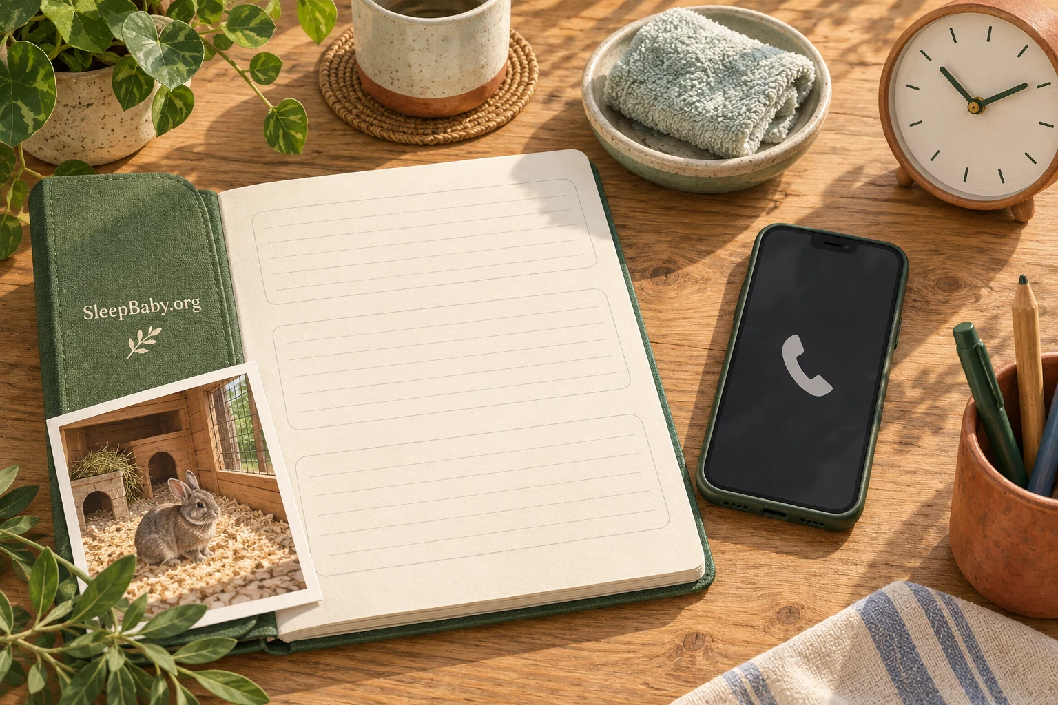 A phone, notebook, clock and photograph of a rabbit enclosure on a wooden table.