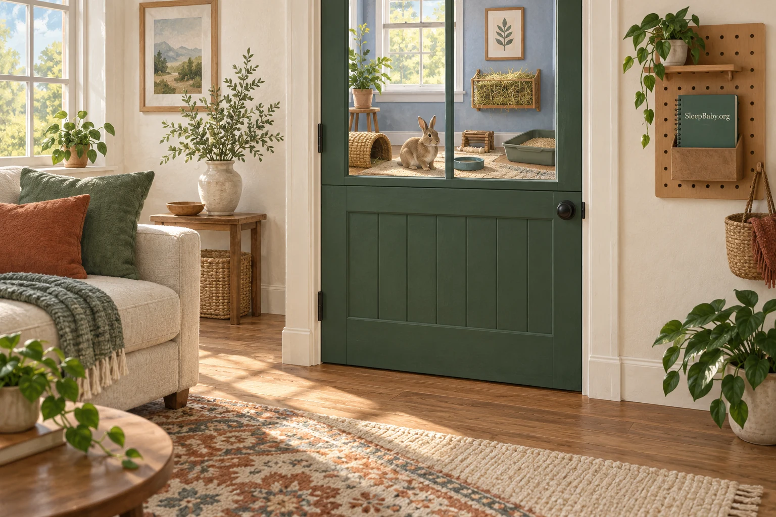 A closed green door separates a rabbit room from a clean living area.