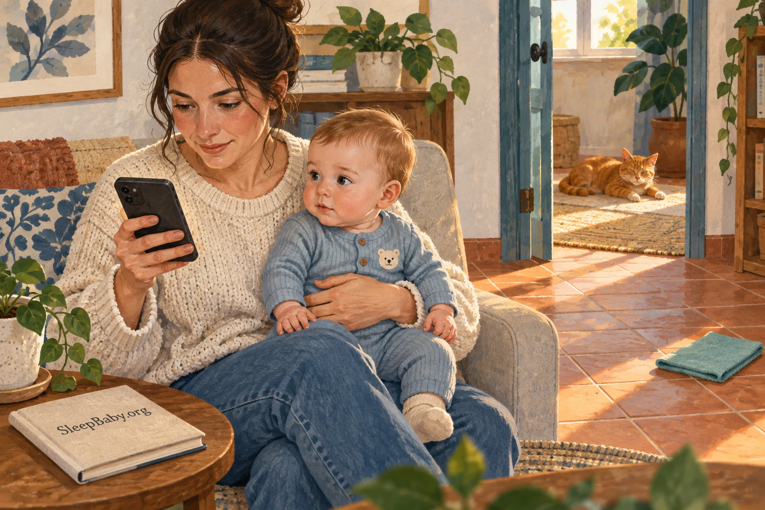 A parent holds an alert baby while checking a phone, with a cat resting in another doorway.