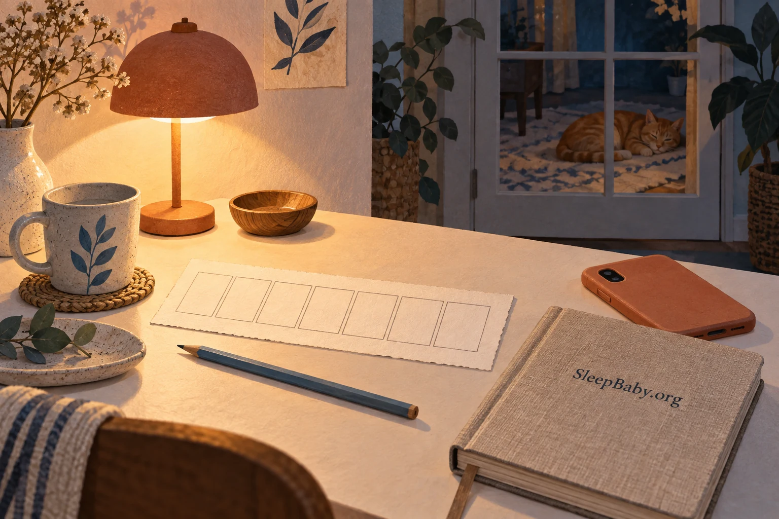 A blank paper planner, pencil and notebook on a lamp-lit desk, with a cat beyond a closed door.