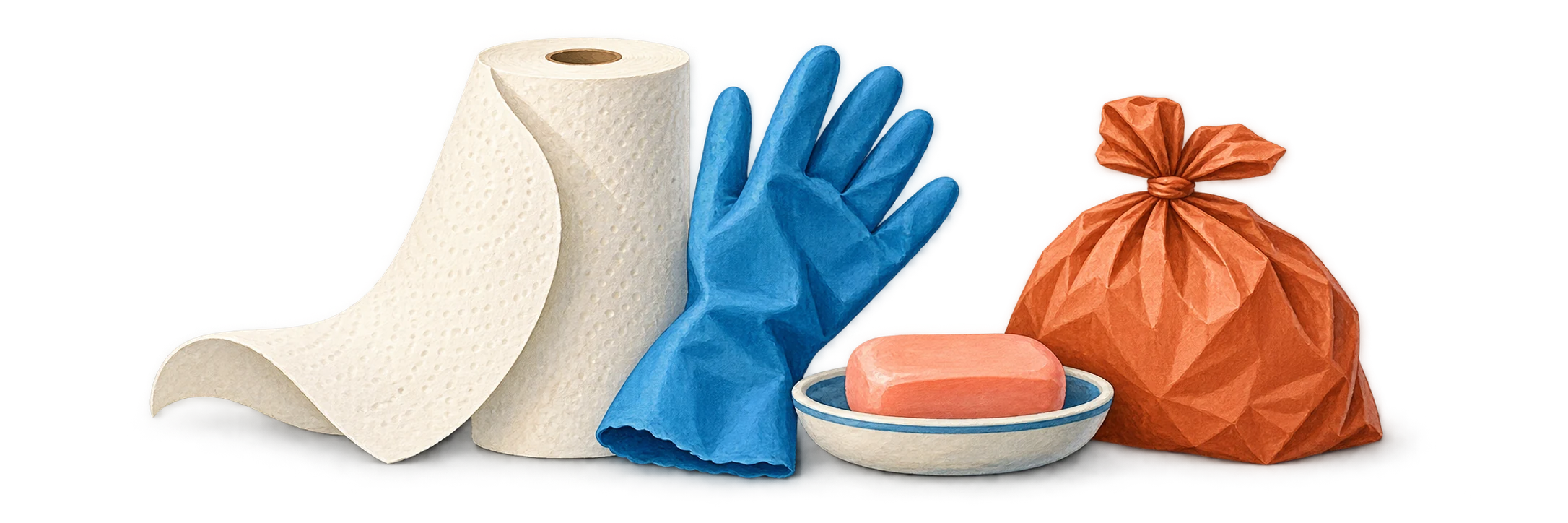 Paper towels, a cleaning glove, soap and a tied waste bag.
