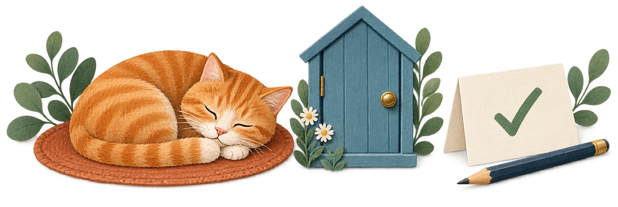 A cat resting on its mat beside a closed door and checked note.