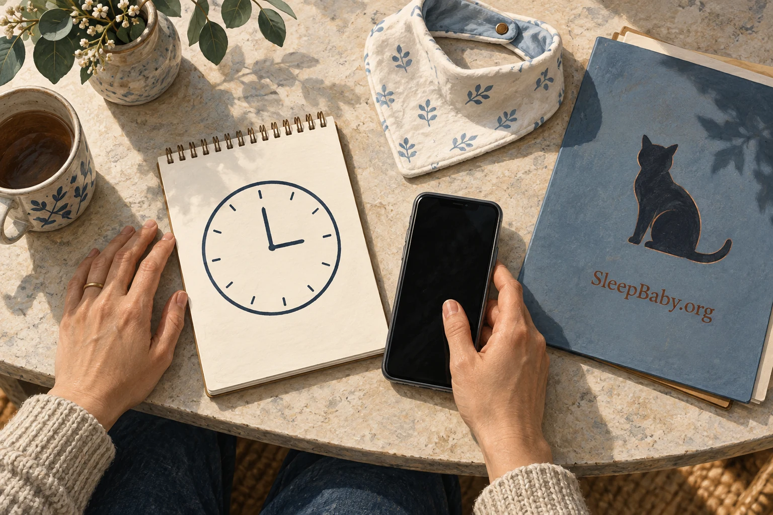 Hands beside a phone, clock notepad, baby bib and cat folder.