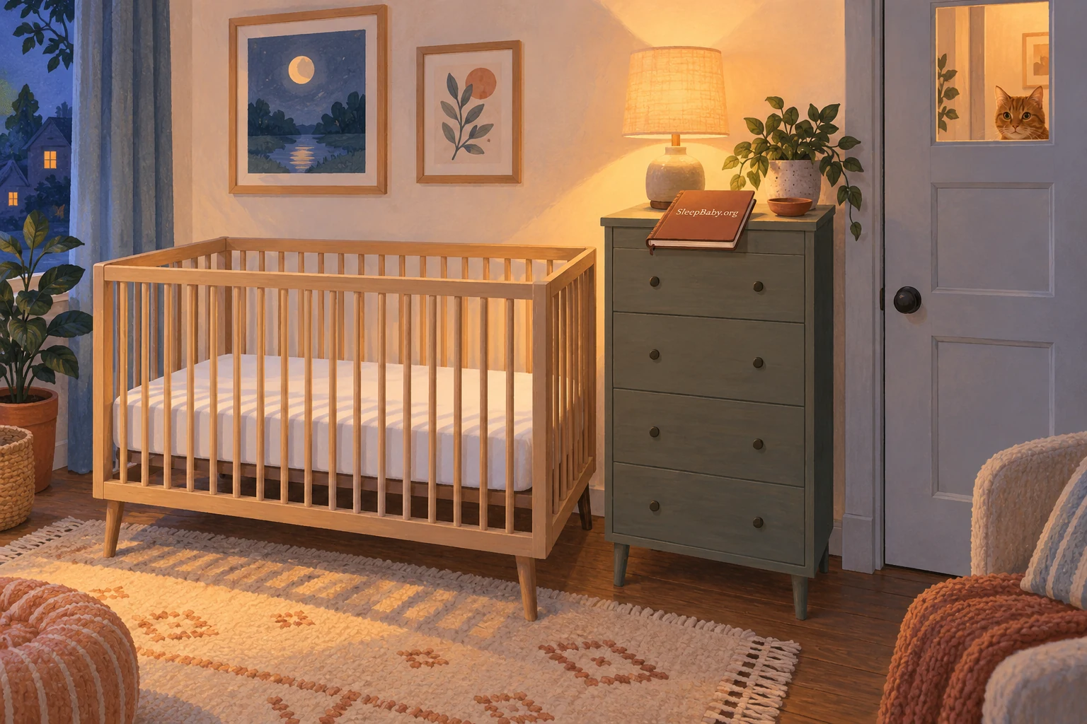 An empty crib with a fitted sheet beside a dresser and closed nursery door.